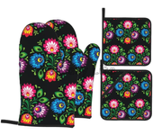 Juego de manoplas y soportes para ollas de arte folclórico Floral, flores polacas de Polonia, 4 guantes de cocina resistentes al calor para cocinar, hornear, barbacoa