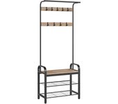 Perchero Zapatero, Perchero con Banco Recibidor, 4 en 1, 9 Ganchos Extraíbles, Barra Superior, para Entrada Pasillo, 33,7 x 72 x 183 cm, Moderno, Roble y Blanco HSR40W