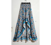 Women Long Skirt Boho Vintage Dress Floral Printed Rayon A line Elastic Waist Front Short Back Long red blue