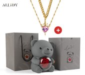 Luxury Hot Red Zircon Heart & Dagger Pendant Double Couple Necklace Set with Real Preserved Rose & Teddy Bear – Romantic Jewelry Gift for Mother’s Day, Valentine’s Day, Birthday & Anniversary