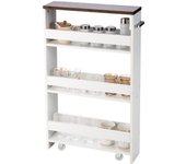 Carrito de Cocina de 4 Niveles, Carro Auxiliar Estrecho con Ruedas, Estante Nicho con Asa, Mueble de Almacenaje Ahorra Espacio para Cocina, Baño, Oficina, 47,5x13x80,5cm (Blanco y marrón)