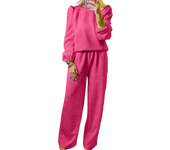 Elrachen Women's Rose Red Textured Puff Sleeve Top and Pants Set, Rose Red, Sizes S-2XL