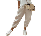 Pantalones elásticos con bolsillos de algodón y lino para mujer, pantalones de mujer, pantalones de primavera y verano
