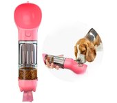 Portable 4in1 Dog Water Bottle with Food Storage, Poop Bag Dispenser and Scoop Size-300ml, Colour-Pink