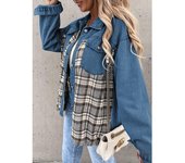 767 Women's long sleeved denim jacket, checkered shirt with buttons, autumn and winter top