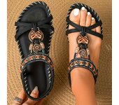 Sandalias de estilo bohemio para las mujeres, la primavera y el verano de nuevo tamaño grande plana flor sandalias de diamantes de imitación, dedo del pie abierto fuera de desgaste sandalias de playa