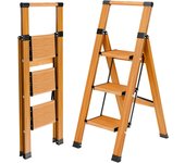 plegable, 2 peldaños, plegable, de aluminio, portátil, antideslizante, hasta 150 kg, diseño de vetas de madera para cocina, baño, camping
