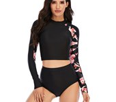 Conjunto de tankini corto de manga larga con estampado floral, cintura alta, corte alto y cuello alto, traje de surf y buceo con