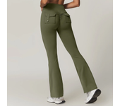 Skinny Solid Color Wide Leg Pants Hip Lifting High Waist Yoga Pants Women Workwear Pocket Micro Flare Slim Sports Fitness Pants