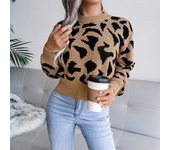 Women's Color Block Leopard Print Long Sleeve Crew Neck Sweater Slim Fit Knitted Tops Women
