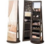 Espejo Joyero con 6 LEDs, Armario de Joyas de Giro de 360°, Organizador de Joyería Giratorio, sin Marco, Espejo Completo, 3 Estantes, Superficie Blanco, Forro Greige JJC007W02