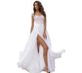 Women's Lace Chiffon Dress Prom White Evening Gown Split Maxi Dress