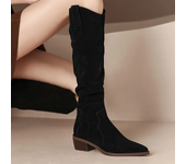 Botas De Cordones Para Mujer, Puntera Estrecha Tacón Cuadrado Zapatos Plisados, Moda Color Sólido Botas Largas