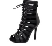 Thin heeled lace up black cool boots, fish mouth sandals, summer open toed high heels