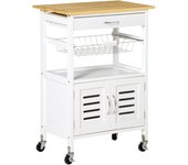 Carrito  Cocina  Ruedas Almacenamiento Multiuso  Encimera  Bambú Cajón Cesta Metálica y 2 Puertas  Persiana 58x37x85,5 cm Blanco