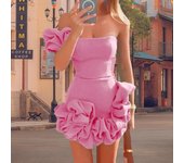 25 Summer New Women's Dress with ruffled edges flower buds, waist cinched dress, one shoulder strapless and hip hugging skirt