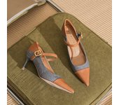 [Sheepskin] High Heels Women's Stiletto Heel 2024 Autumn New Pointed Temperament Color Matching Buckle Shoes