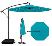 Sombrilla Terraza Exterior con Base, 3x3 con 40 Luces LED, Sombrilla Jardin Inclinable con Manivela, Patio, Jardín, Terraza, Piscina, Playa