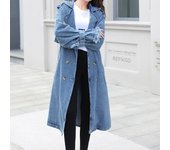 Women's medium length denim trench coat with belt and double buttons