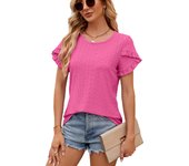 Tops casuales para mujer verano nuevo color sólido cuello redondo manga pétalo camiseta de manga corta