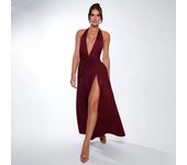 Long camie neckline evening gown with prominent V-neck side openings, pleats backless , eam fabric, perfect for