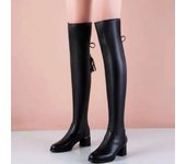 Stretch Leather Boots Women's Long Plush Chunky Heel Knee Boots One Foot Stirrup Black Autumn and Winter