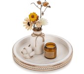 Bandeja decorativa de madera redonda: bandeja de cuentas blancas lavada para mesa de café, bandeja de centro de mesa vintage para sala de estar, hogar y baño organizador