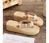 PP straw imitation woven flip-flops for women summer fashion outdoor wear wedge heel beach ladies flip-flops