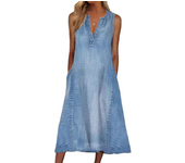 Women's loose denim casual dress, sleeveless and sleeveless, classic solid color