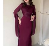 Fashion Satin Solid Robe Ladies Temperament O-neck Slim Evening Elegant Batwing Sleeves High Waist Pleats Long Dress