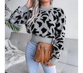 Women's Color Block Leopard Print Long Sleeve Crew Neck Sweater Slim Fit Knitted Tops Women
