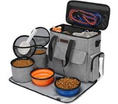 Dog Travel Bag, Weekend Pet Travel Set for Dog and Cat, Multi-Function Pockets, 2 Food Storage Containers, 2 Collapsible Bowls, 1 Feeding Mat (Grey)