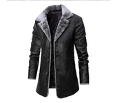 2025 Men Winter Long Thick Fleece PU Leather Jacket New Winter Fashion Suit Collar Men's Windbreaker Leather Jacket Coats