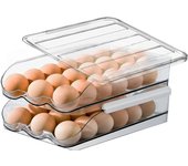 Rolling 36 Egg Container Bin For Refrigerator, Plastic Egg Storage Box for Fridges, Clear Egg Holder With Lid Large Capacity Fridge Egg Organizer, Auto Rolling Egg Holder(2 Layers)