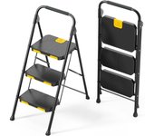 Plegable de 3 Peldaños con Bloqueo de Seguridad, Escalera de Tijera Doméstica Carga hasta 360kg con Pedal Ancho Antideslizante, Pasamanos, Taburete de Acero, para Hogar Cocina, Negro
