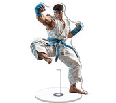 Rotating acrylic display features Kaczmerka from Street Fighter 6 in a white and blue karate outfit demonstrating a high kick with exquisite details