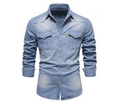 Camisa vaquera sin hierro para hombre, camisa informal de manga larga de color sólido sin hierro, nuevo estilo a la moda, 2025