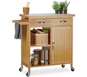 Carrito Cocina con Encimera, Cajones y 4 Ruedas, Bambú y Mármol, Marrón, 85,5 x 89,5 x 36 cm