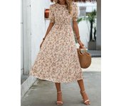 Woman's Dress, 2025 summer new round floral high waisted fashionable A-line mid length dress for women
