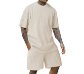 Conjunto de dos piezas para hombre, camiseta de manga corta con cuello redondo y pantalones cortos informales con cordón, traje suave de Color sólido a la moda para verano