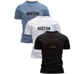 3pcs Men'S 100% Cotton T-Shirts - Boston Graphic Print, Black, White, Navy Blue, Casual Crew Neck Short Sleeve Tee for Summer, Cotton T Shirts