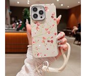 Lanyard Case For iPhone 16 15 Pro Max 14 Plus 13 12 Pro Max 11 Small Flowers Printed Leather Texture Soft TPU Rope Phone Cover