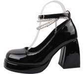 Vintage High Heels Mary Jane for Women 2025 Patent Leather Platform Pumps Woman Pearls Chain Thick-Heeled Shoes Female