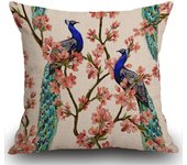 Fundas de cojín de pavo real, pavo real sobre flores tropicales japonesas, ramas de árbol, patrón de granja, fundas de almohada para sofá de 18x18 pulgadas, 45x45 cm