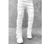 High Street White Men's Stacked Jeans Stretched Patchwork Tassel Damaged Denim Full Length Pants Hip-pop Trousers For Male