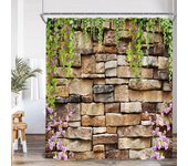 Shower Curtain Green Vines Brick Wall Pink Flowers European Garden Arch Door Bathroom Decorations Vintage Bath Curtain with Hook