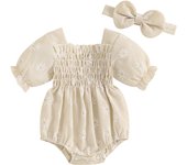 Pudcoco Baby Girls Rompers Plaid Flower Print Short Sleeve Infant Bodysuits Jumpsuits with Headband