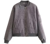 Woman Gray Loose Wool Bomber Jacket 2023 Autumn Winter Girls Warm Zipper Jackets Female Casual Solid Oversized Outwear