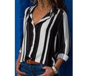 Black Striped Printed Long-sleeved For Women Fashion Lapel Button-down Shirt Temperament Office Cardigan