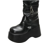 Women's High Platform Motorcycles Boots Winter 9CM Wedge Heels Mid-calf Boots Female Chunky Sneakers Autumn Leather Boots Woman